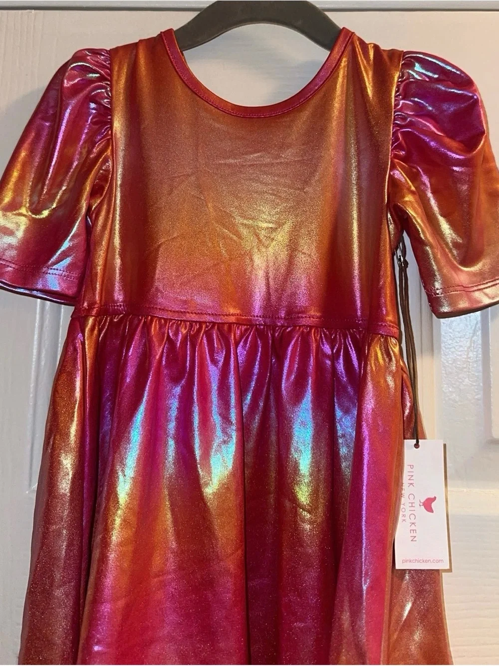 Pink Chicken NWT Girls Lame Laurie Dress in Rainbow Pink Lame Fabric